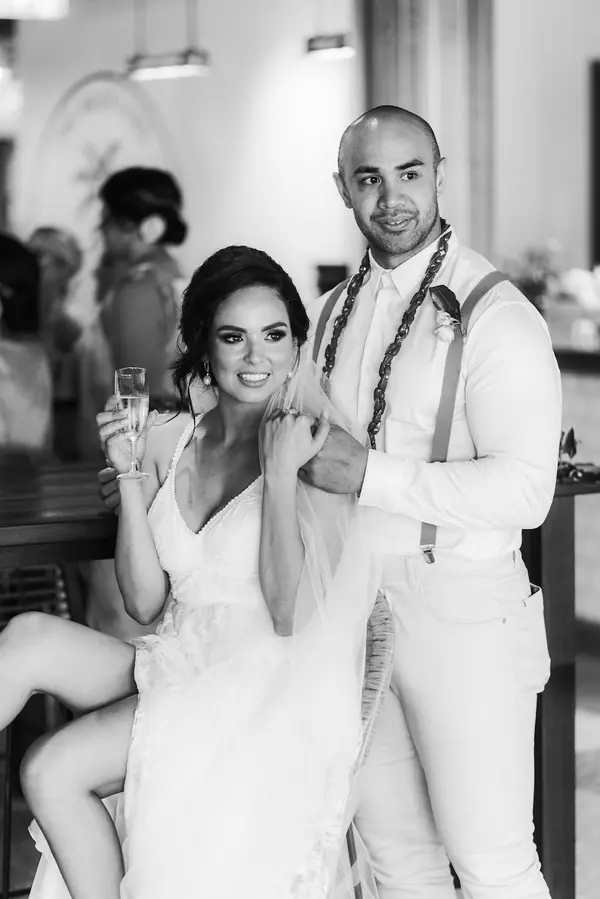 Black and white photo of a bride and groom